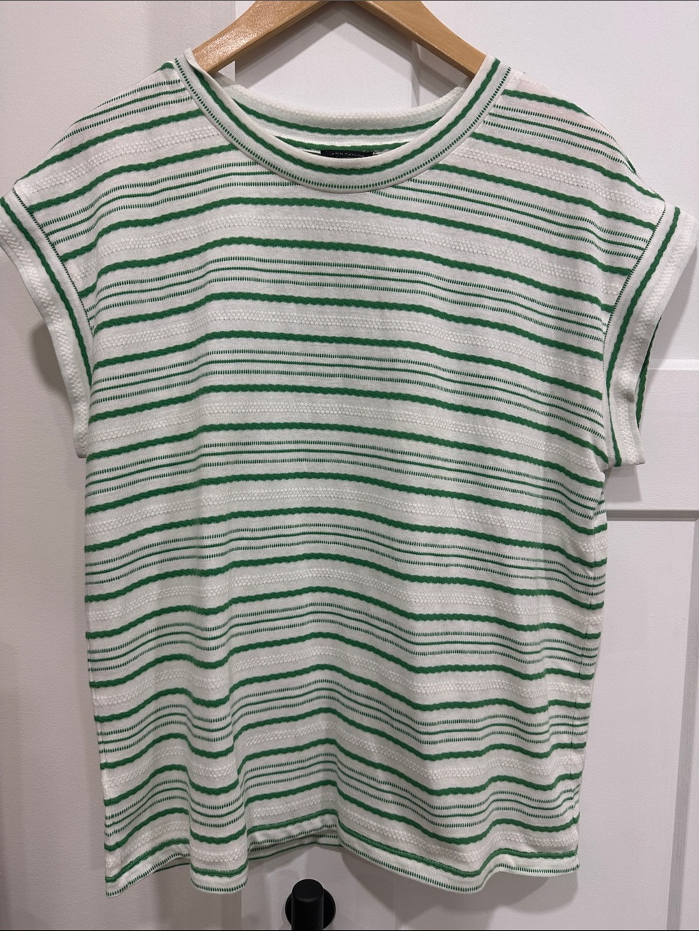 Ann Taylor White and Green Striped Short Sleeve Tee